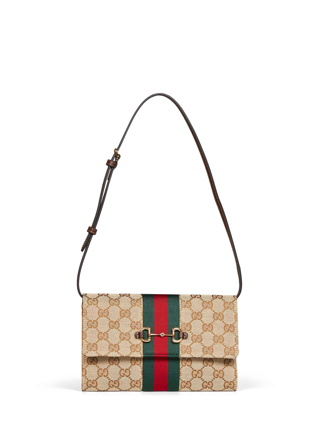 Gucci Women Beige And Dark Brown Gucci Horsebit Web Wallet With Strap
