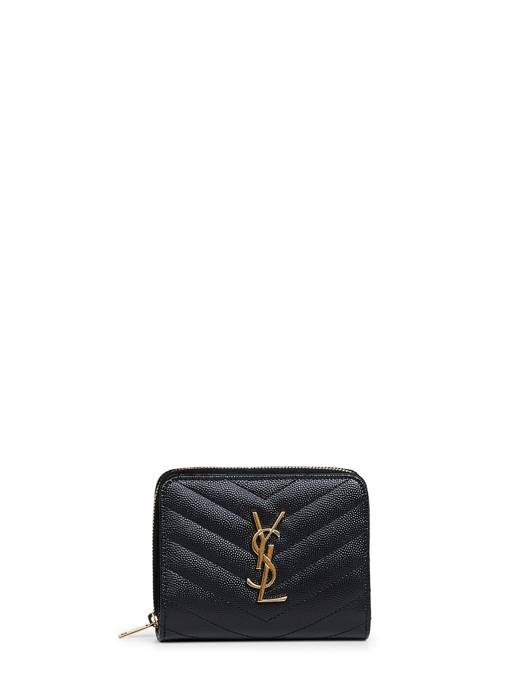 Saint Laurent Women Black Leather Cassandre Compact Zip Around Wallet