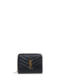 Saint Laurent Women Black Leather Cassandre Compact Zip Around Wallet