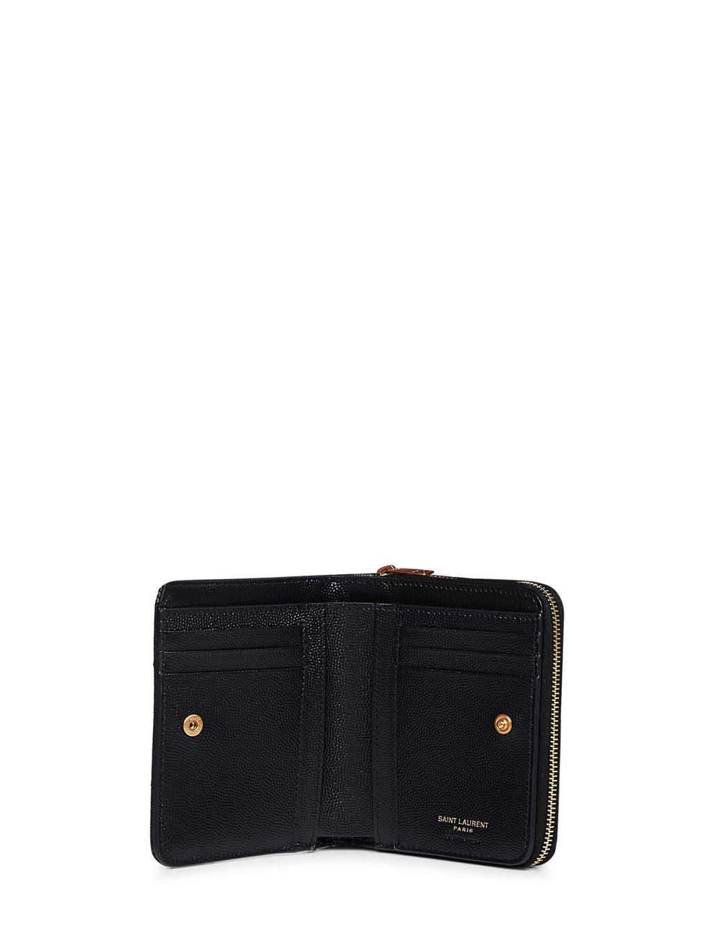Saint Laurent Women Black Leather Cassandre Compact Zip Around Wallet