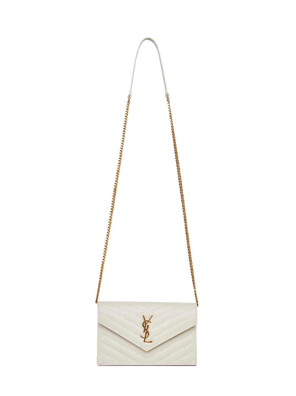 Saint Laurent Women Soft Cream Cassandre Classic Envelope Clutch With Chain Shoulde Strap