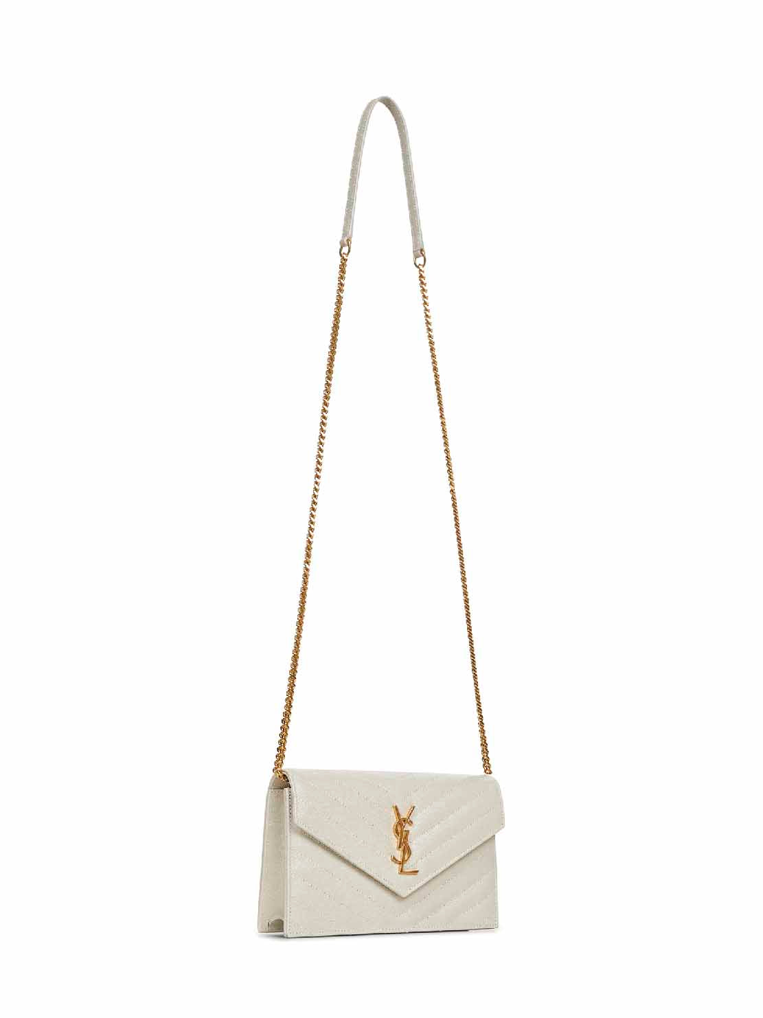 Saint Laurent Women Soft Cream Cassandre Classic Envelope Clutch With Chain Shoulde Strap