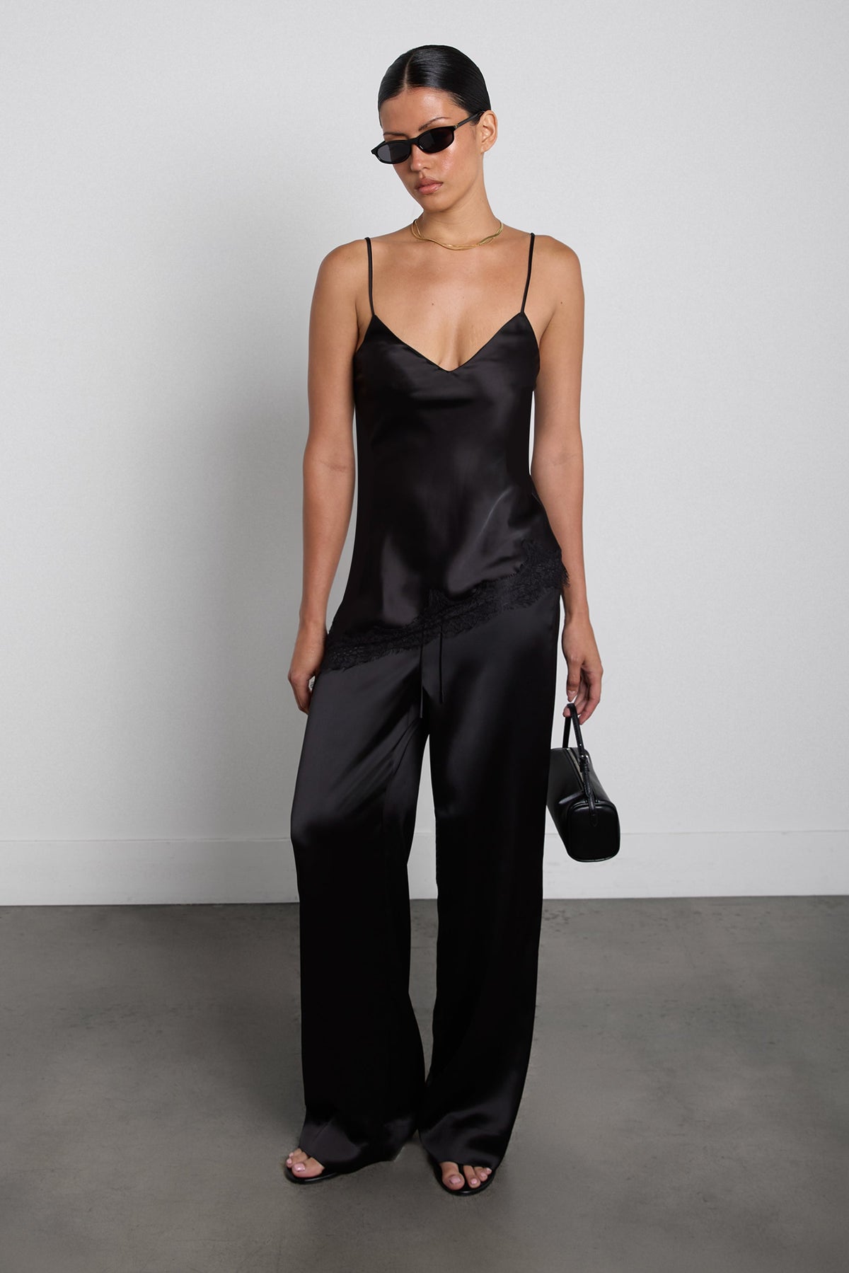 ASYMMETRICAL SATIN LACE TRIM TANK TOP