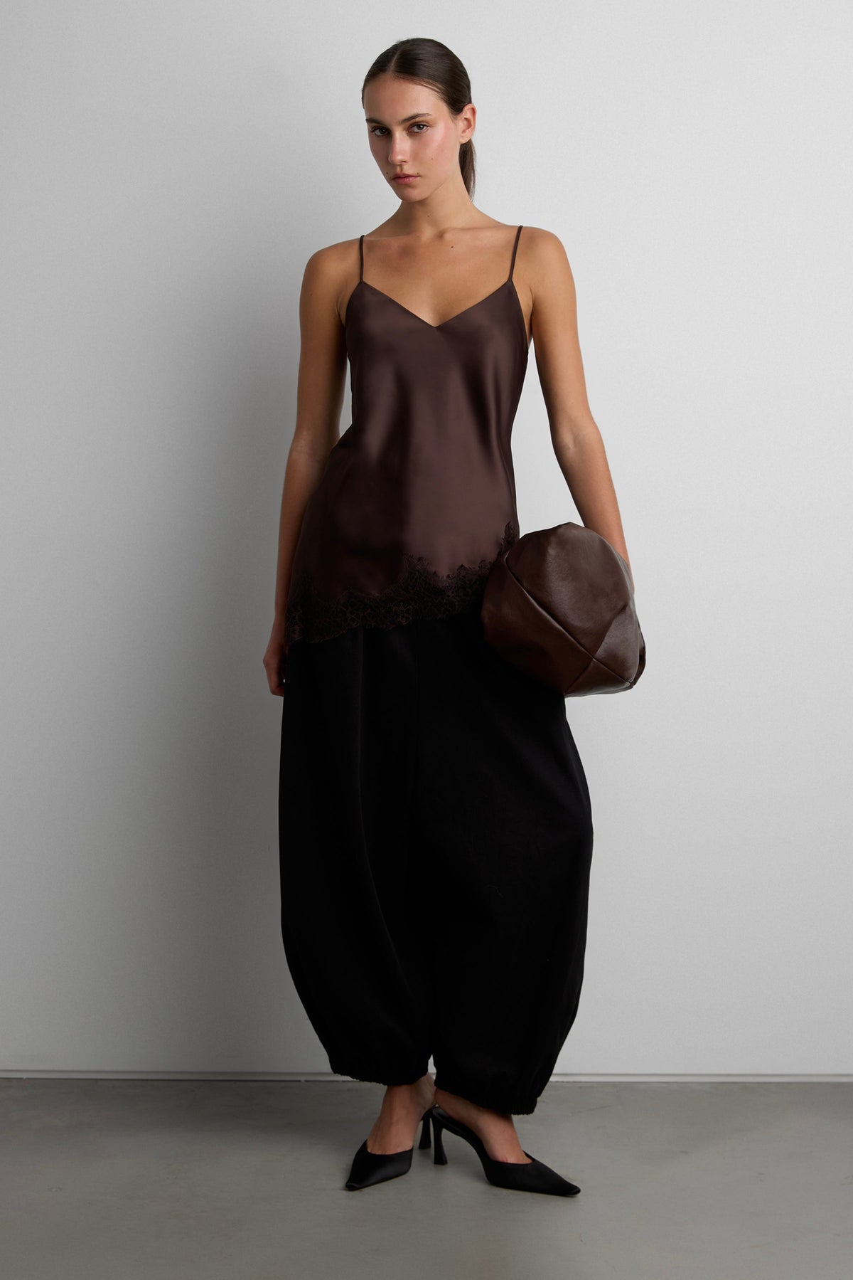 ASYMMETRICAL SATIN LACE TRIM TANK TOP