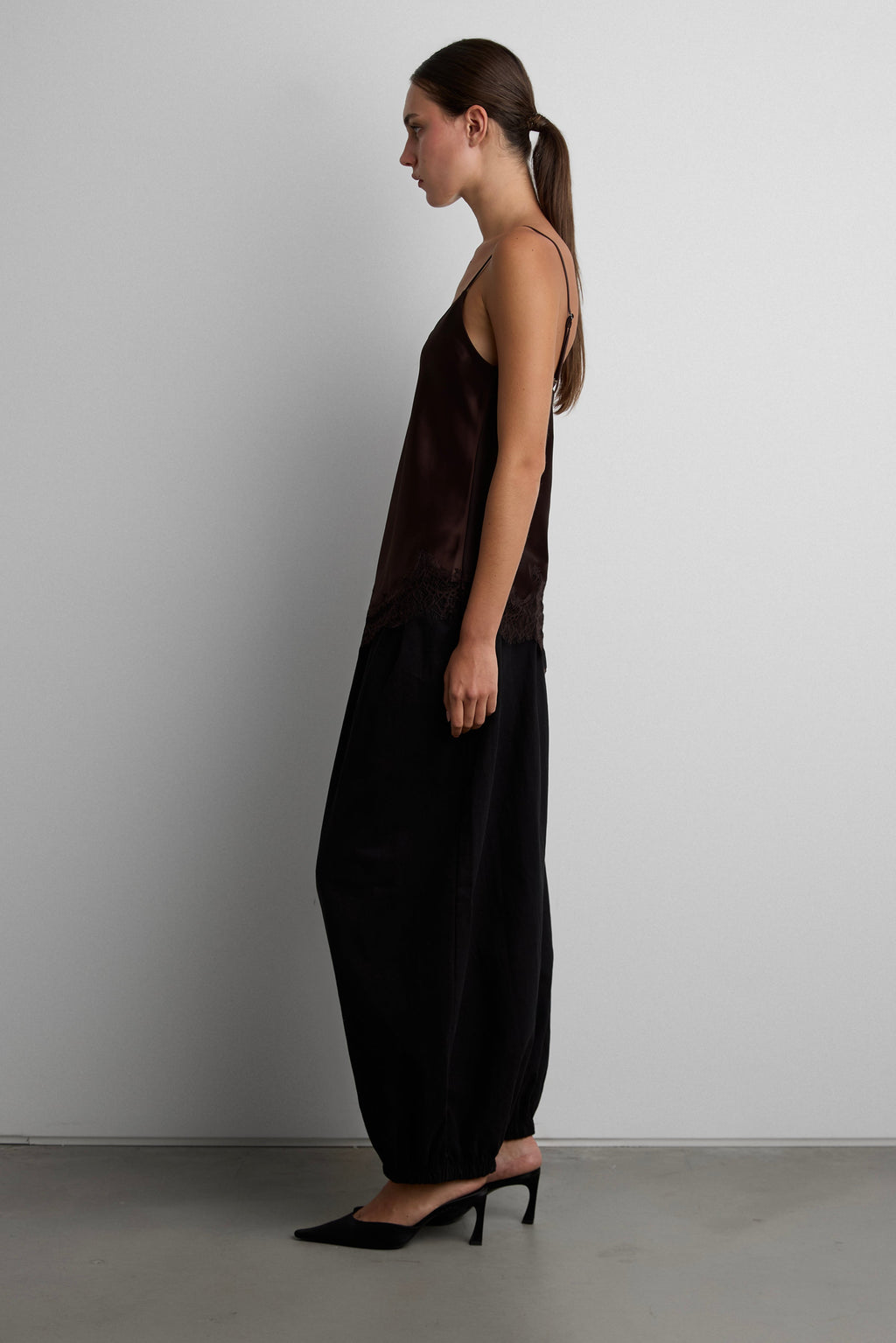 ASYMMETRICAL SATIN LACE TRIM TANK TOP