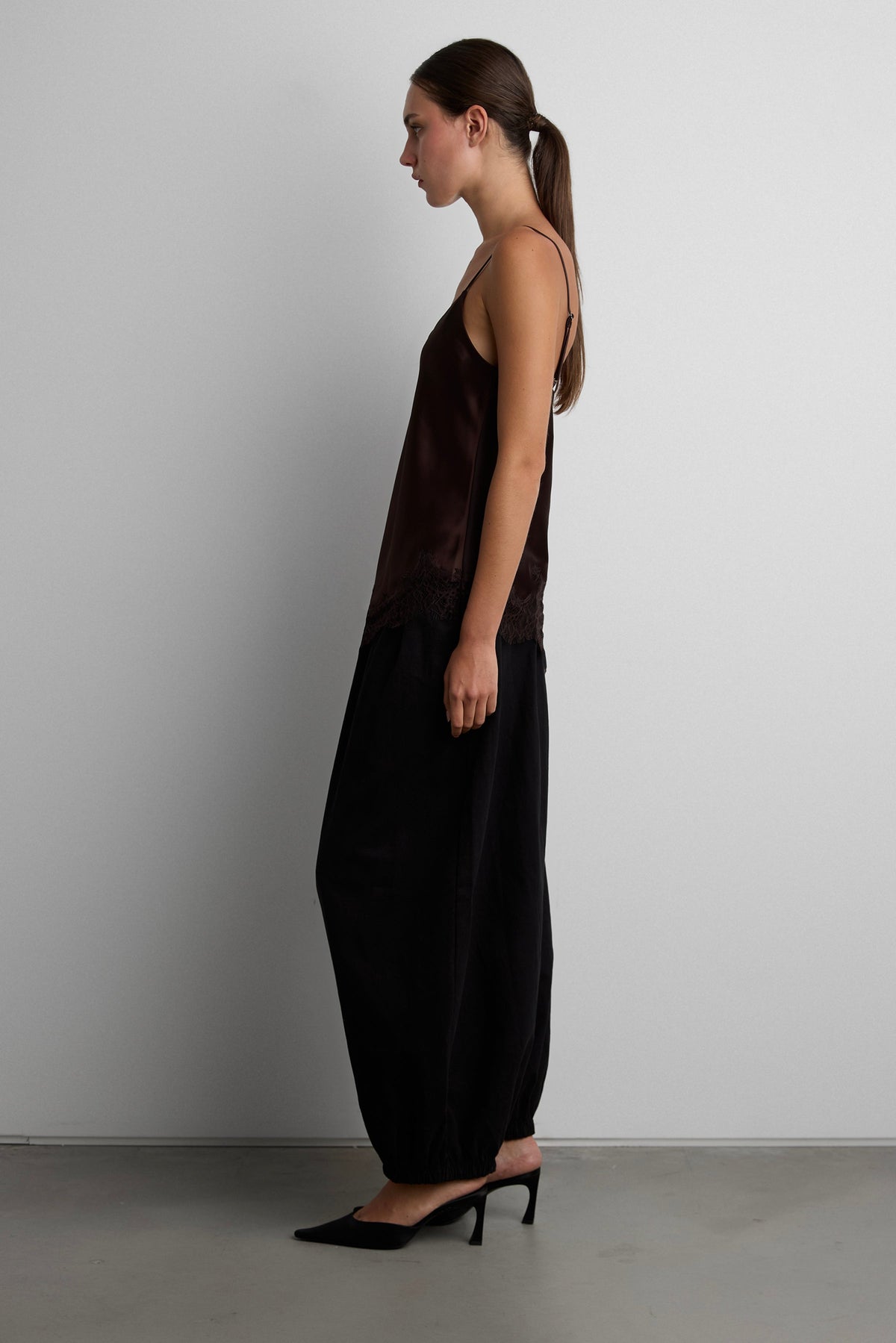 ASYMMETRICAL SATIN LACE TRIM TANK TOP