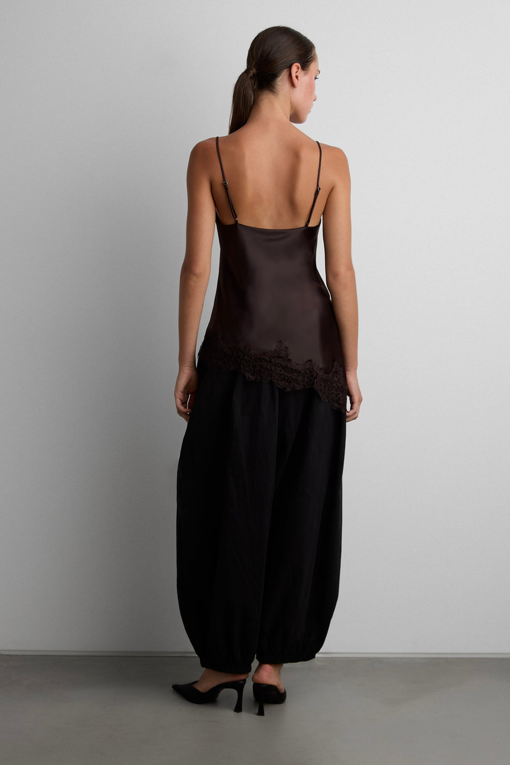 ASYMMETRICAL SATIN LACE TRIM TANK TOP