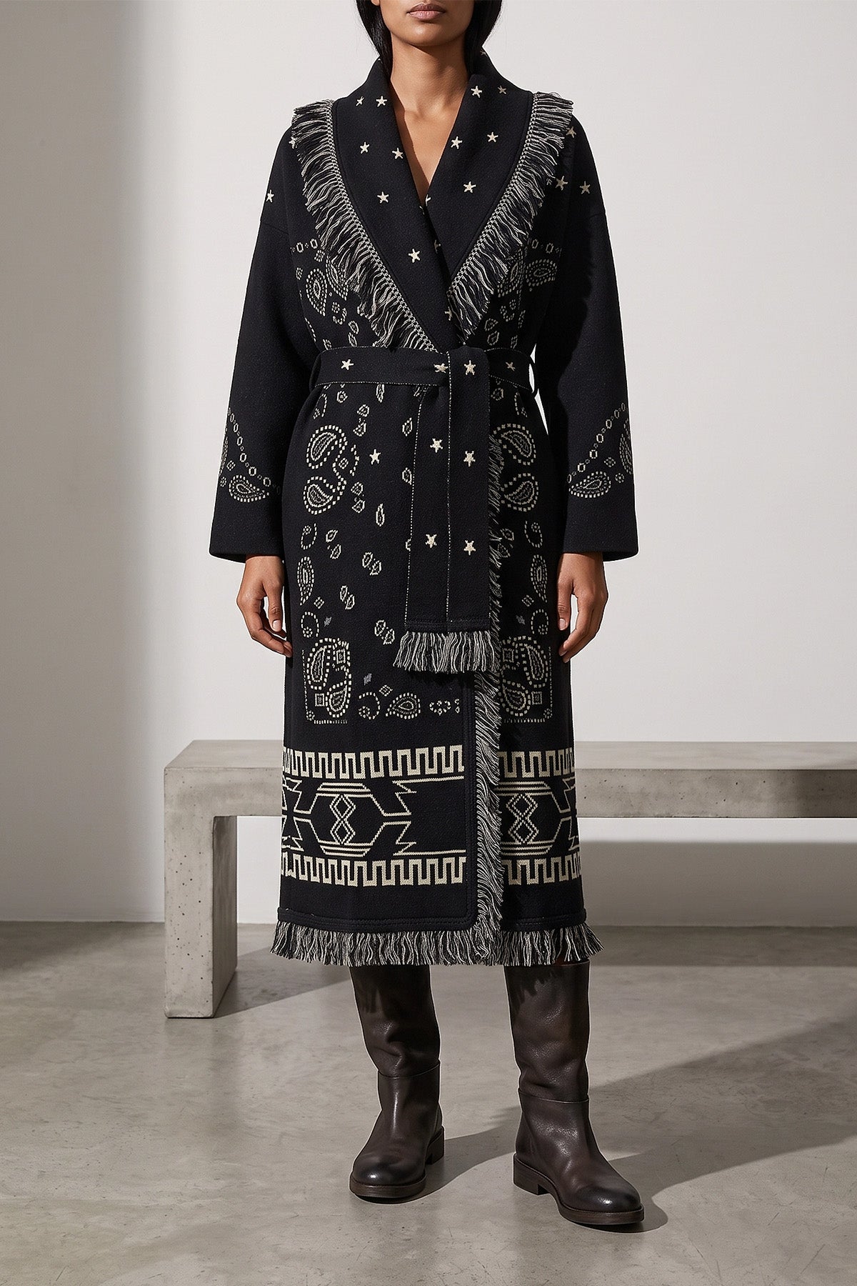 ALANUI Wrap Coat with Jacquard Pattern and Fringes