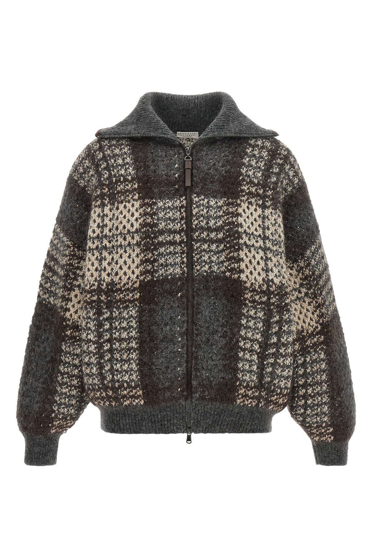 Brunello Cucinelli Tartan Knit Cardigan with Sequins
