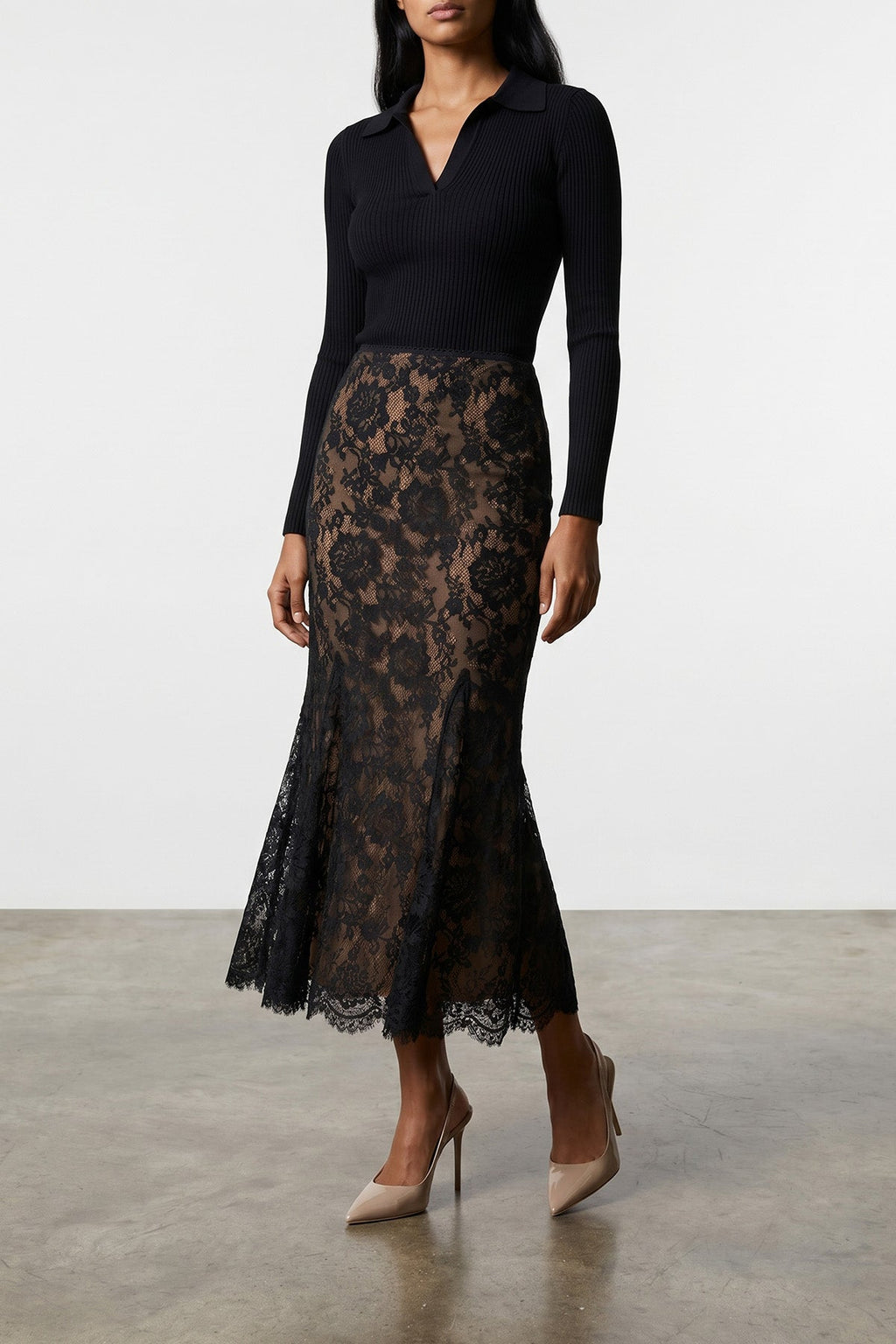 SELF PORTRAIT Midi Skirt Scalloped Hem Detail