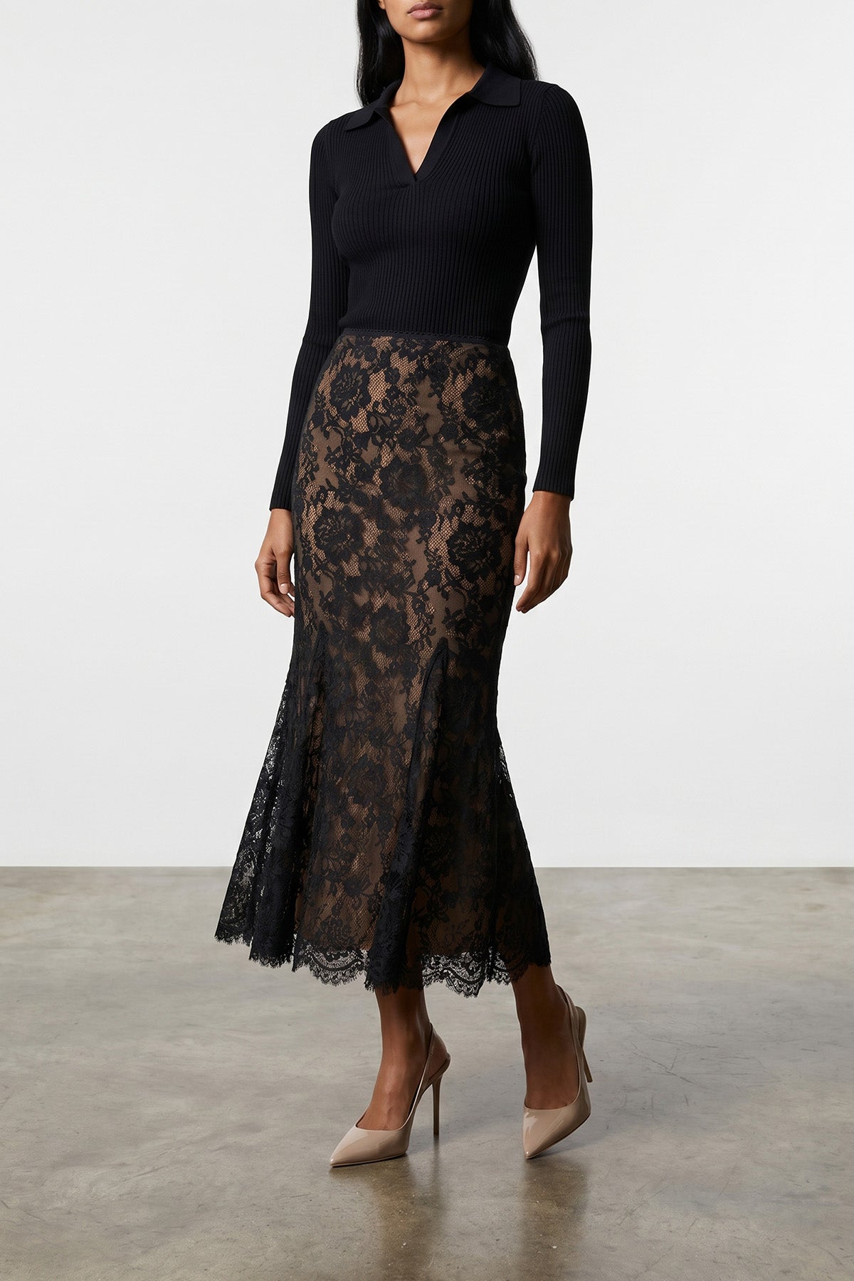 SELF PORTRAIT Midi Skirt Scalloped Hem Detail