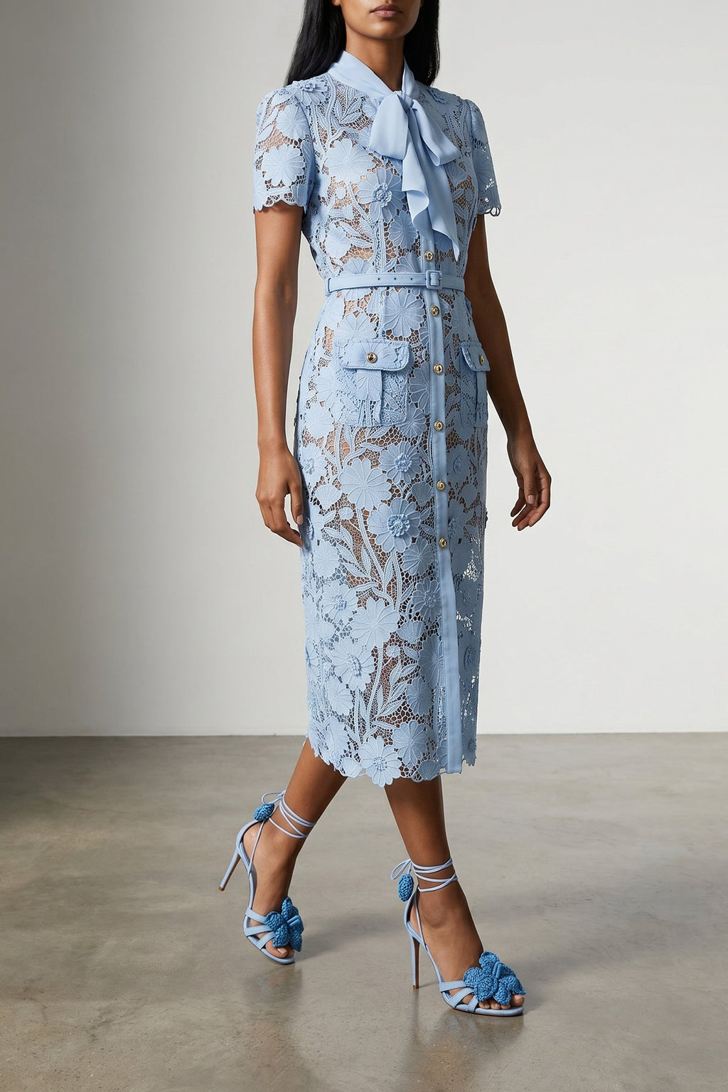 'Blue Lace Tie Neck Midi' Dress