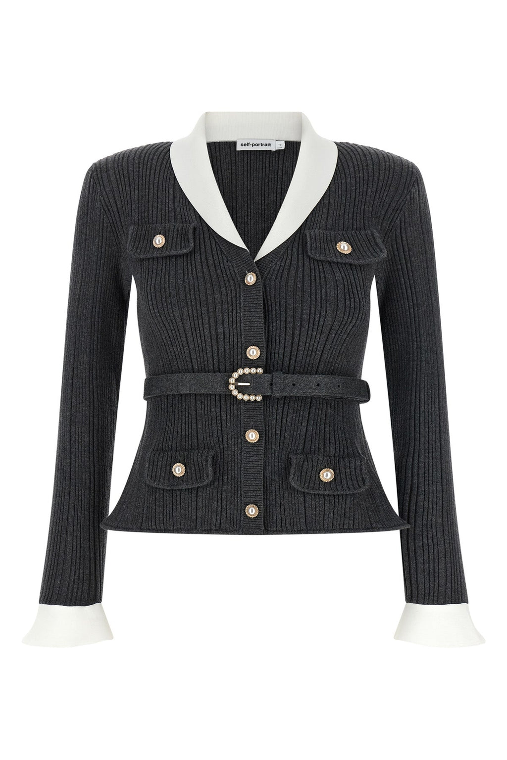Self-Portrait Jewel-Button Ribbed Cardigan