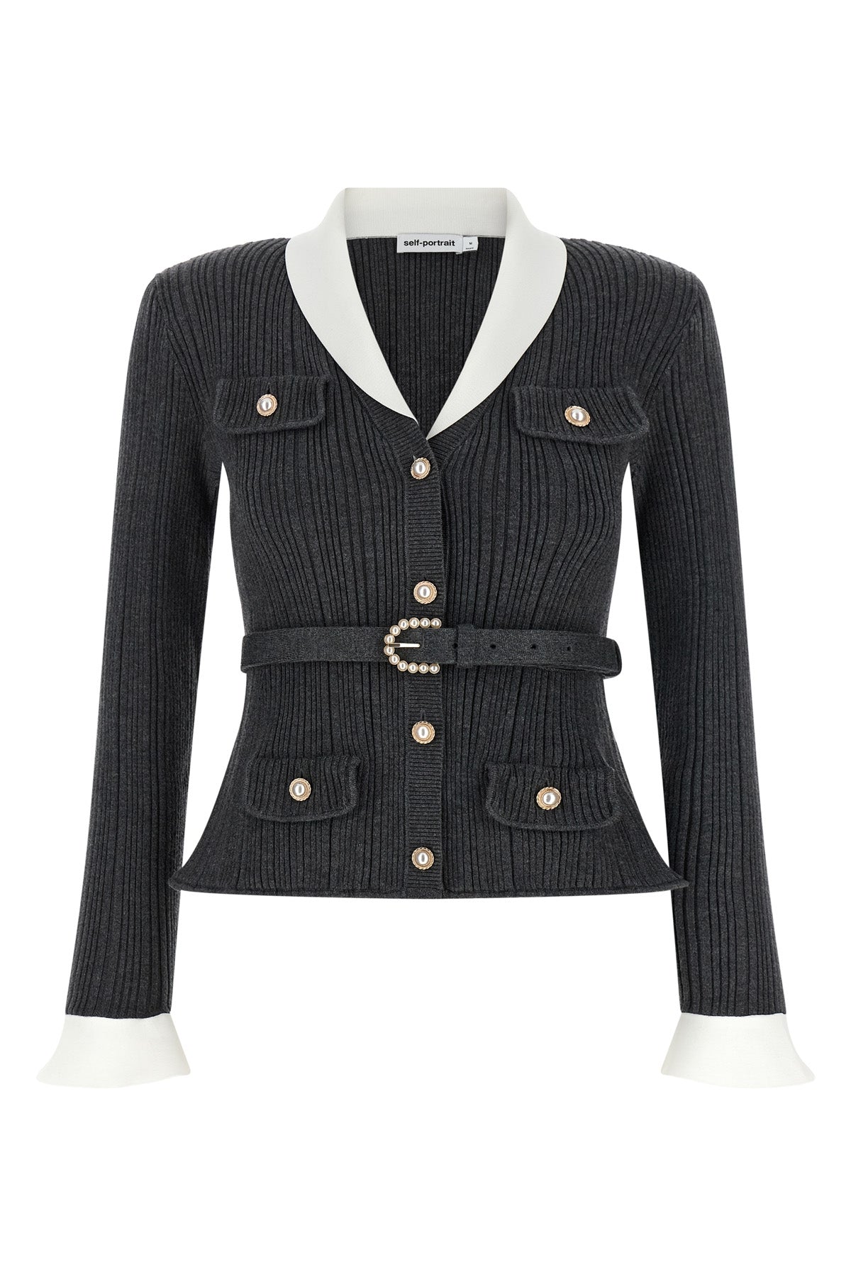 Self-Portrait Jewel-Button Ribbed Cardigan