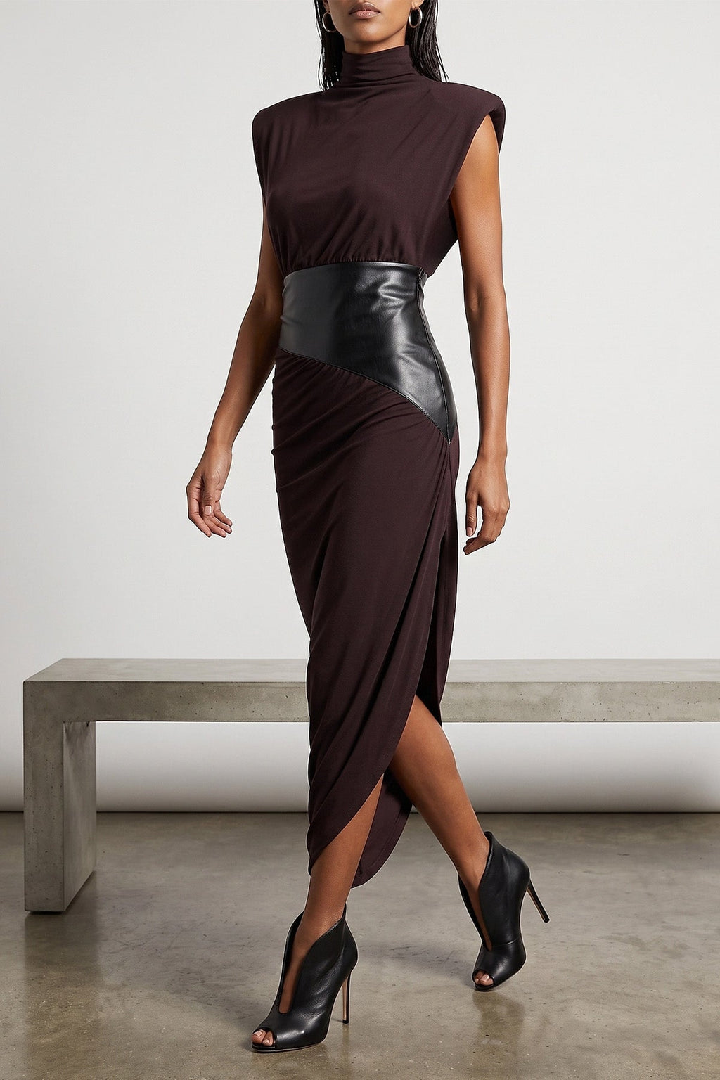 THE ANDAMANE Midi Dress with Leather-Effect Panel