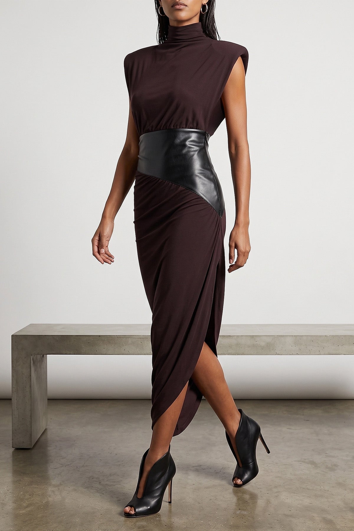 THE ANDAMANE Midi Dress with Leather-Effect Panel