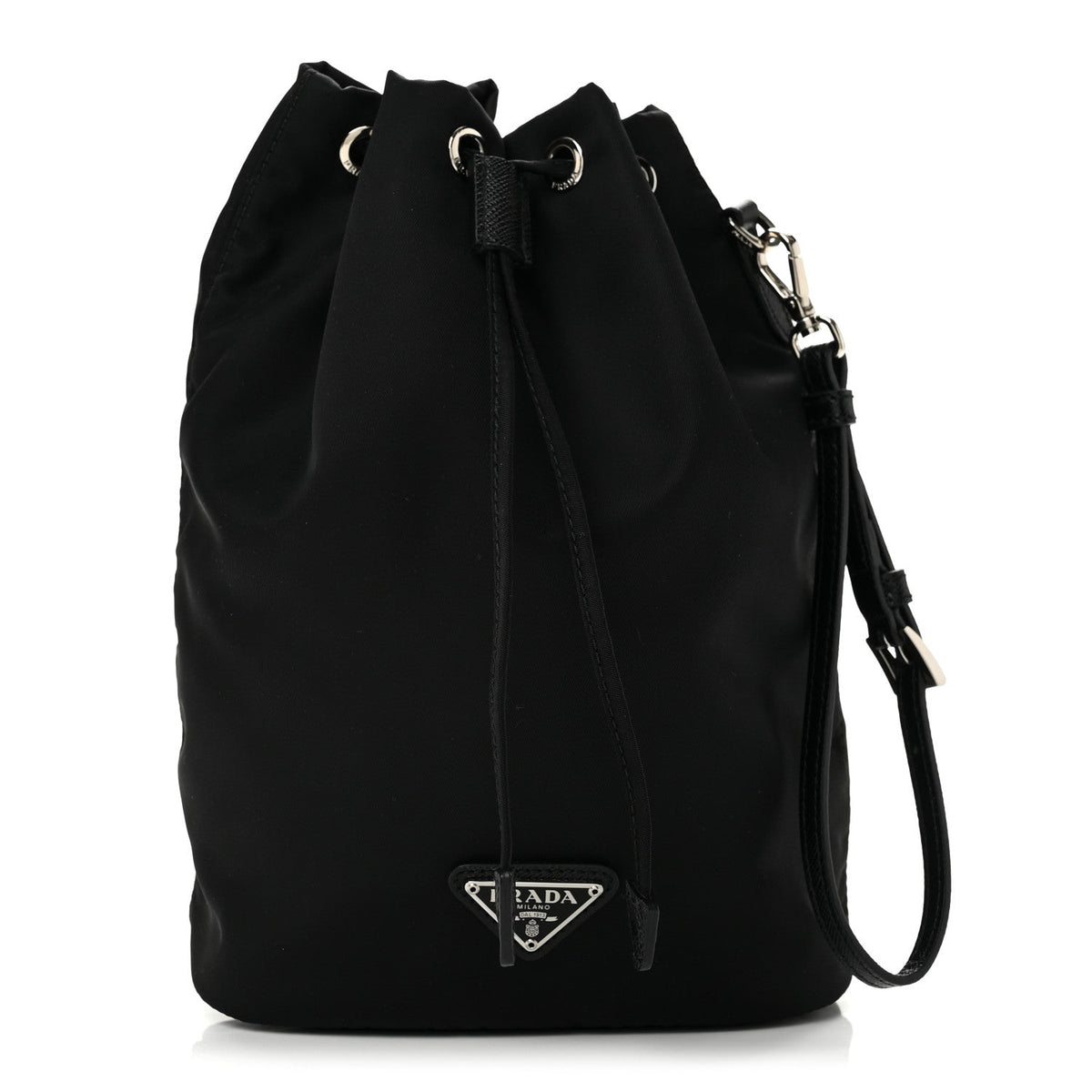 Saffiano Tessuto Re-Nylon Vela Bucket Wristlet Black