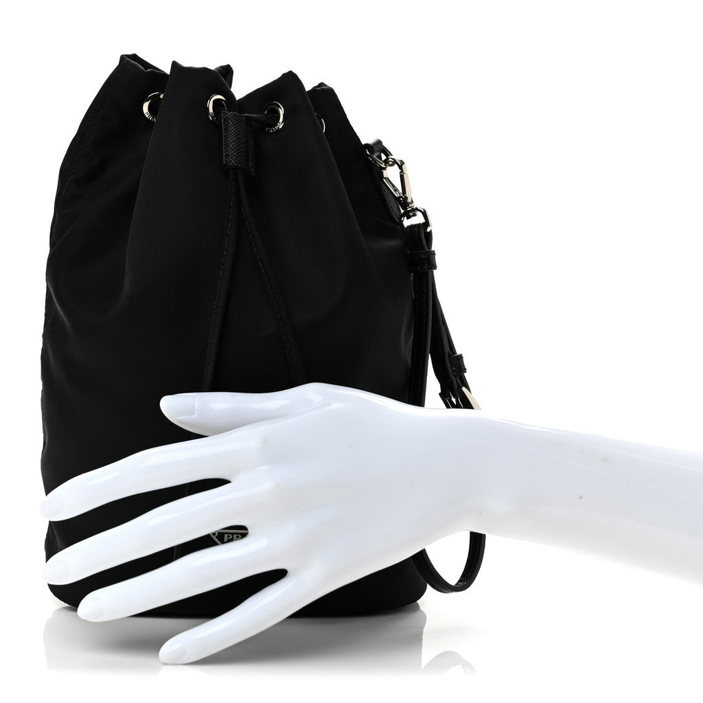 Saffiano Tessuto Re-Nylon Vela Bucket Wristlet Black