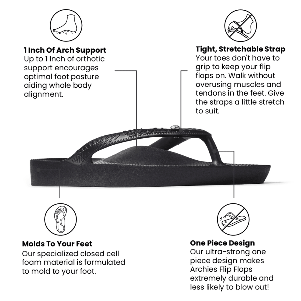Archies Women's Crystal Arch Support Flip Flops in Black