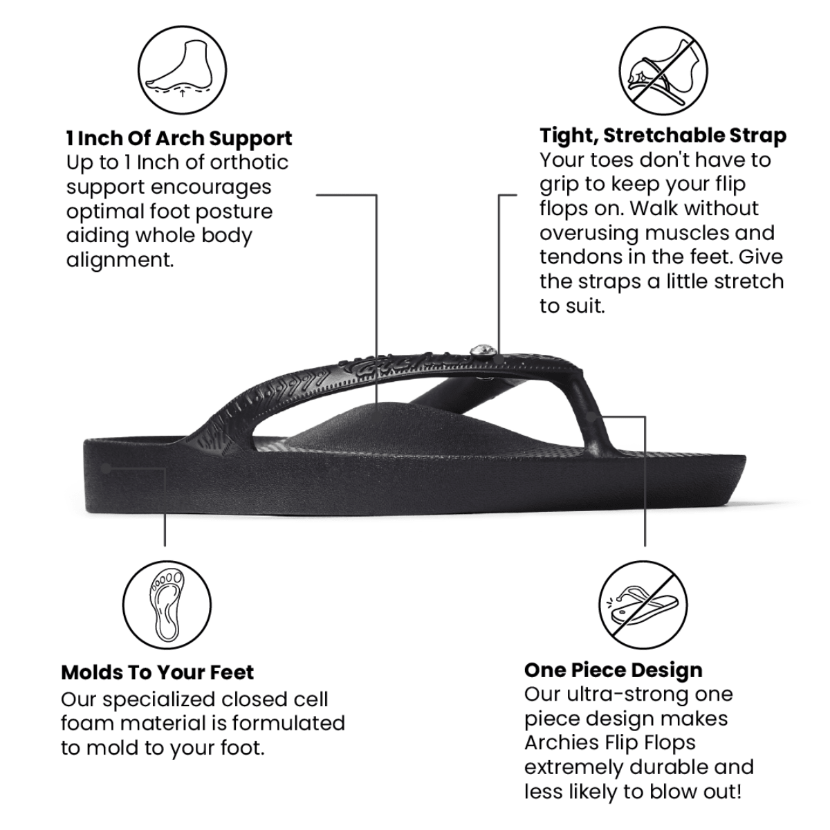 Archies Women's Crystal Arch Support Flip Flops in Black