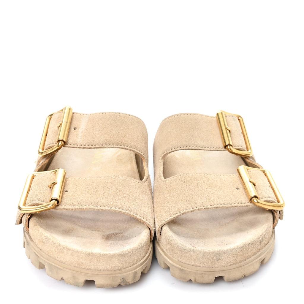 Suede Metal Triangle Logo Womens Double Buckle 20mm Slide Sandals 36 Ecru