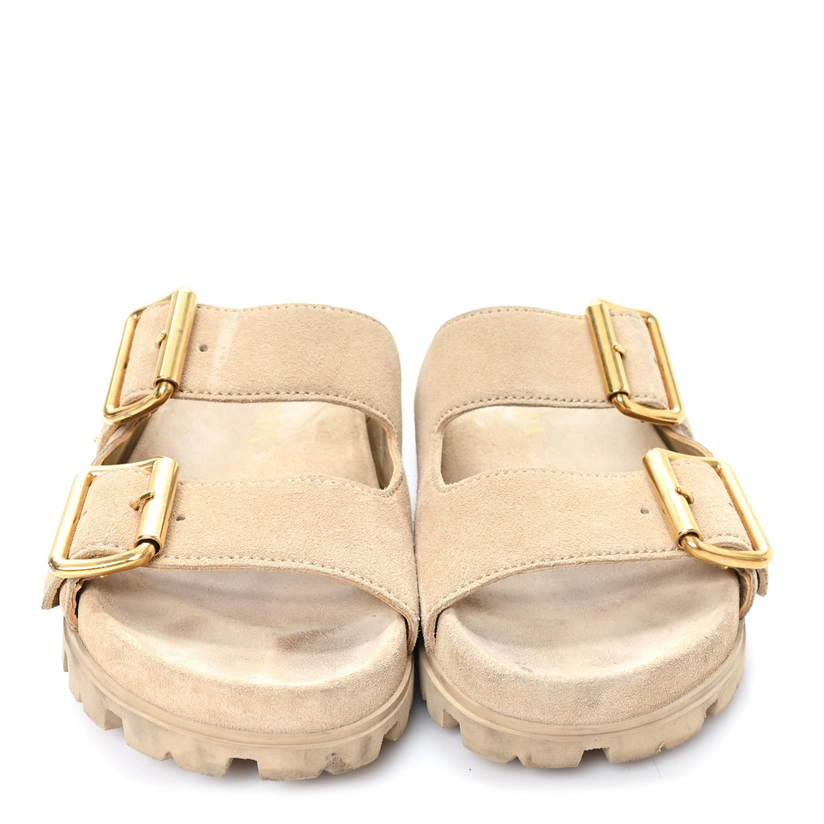 Suede Metal Triangle Logo Womens Double Buckle 20mm Slide Sandals 36 Ecru
