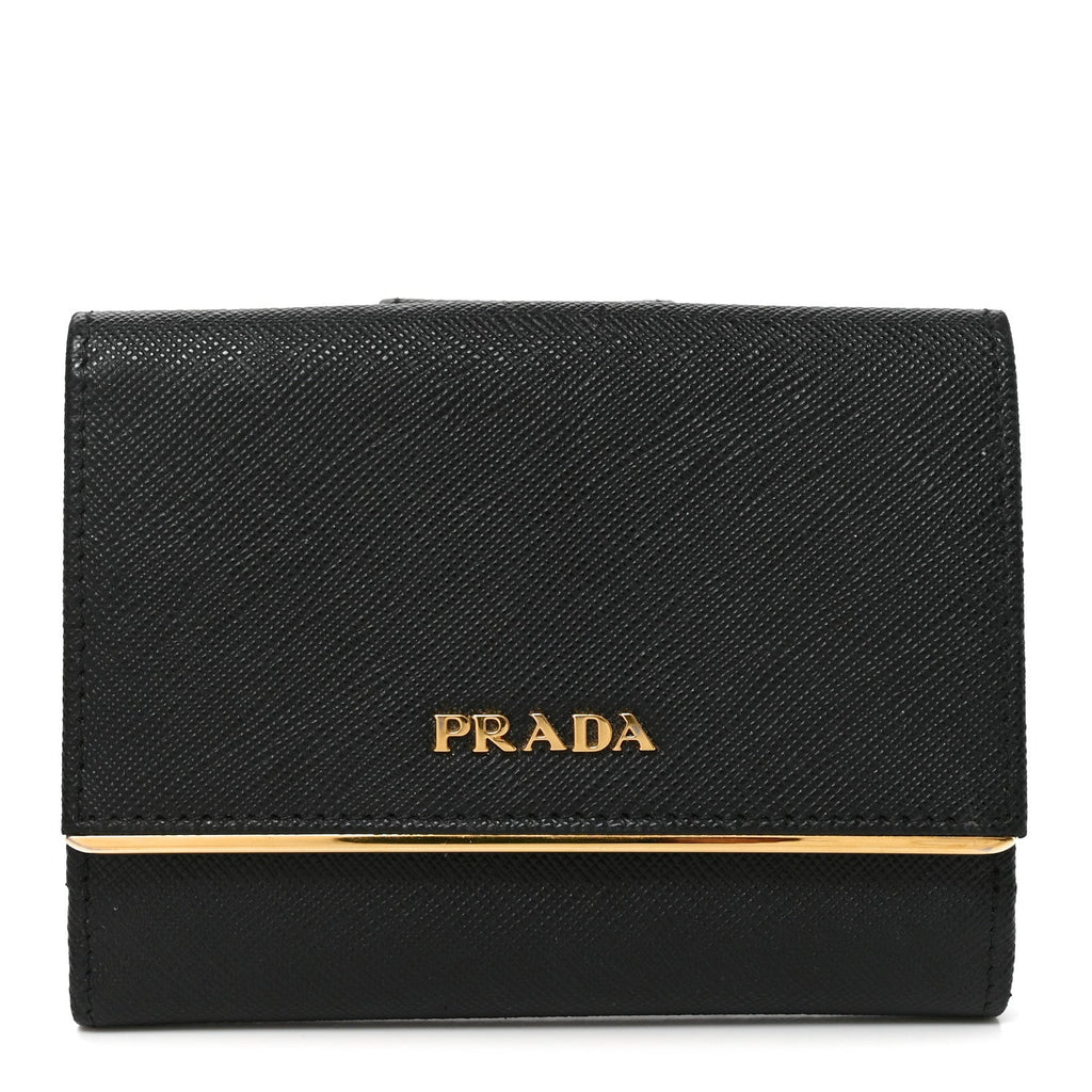 Saffiano Compact Metal Bar Flap Wallet Black