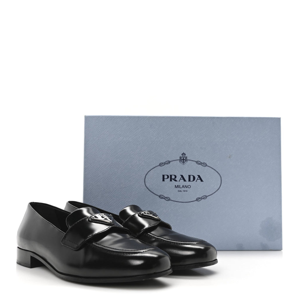 Brushed Calfskin Metal Triangle Logo 20mm Loafers 36.5 Black