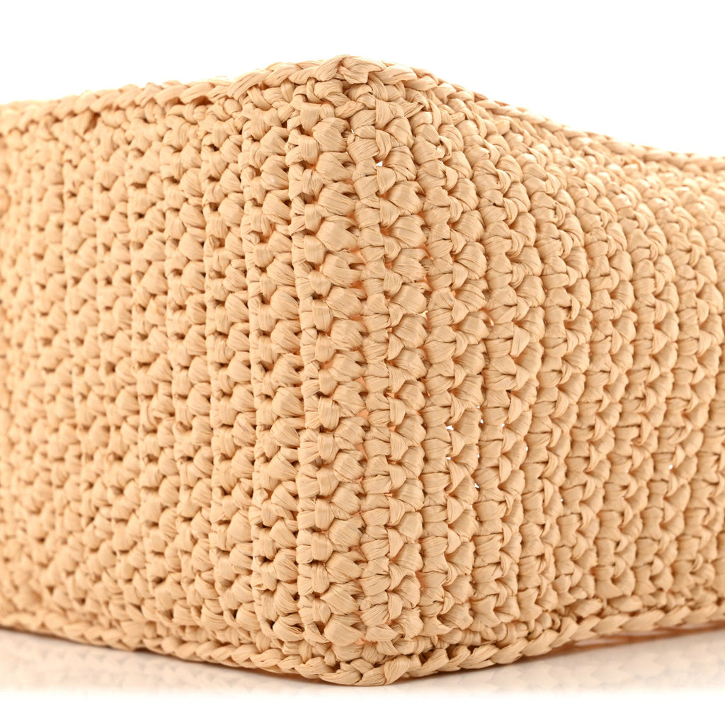 Yarn Raffia Effect Crochet Logo Embroidered Small Tote Bag Naturale