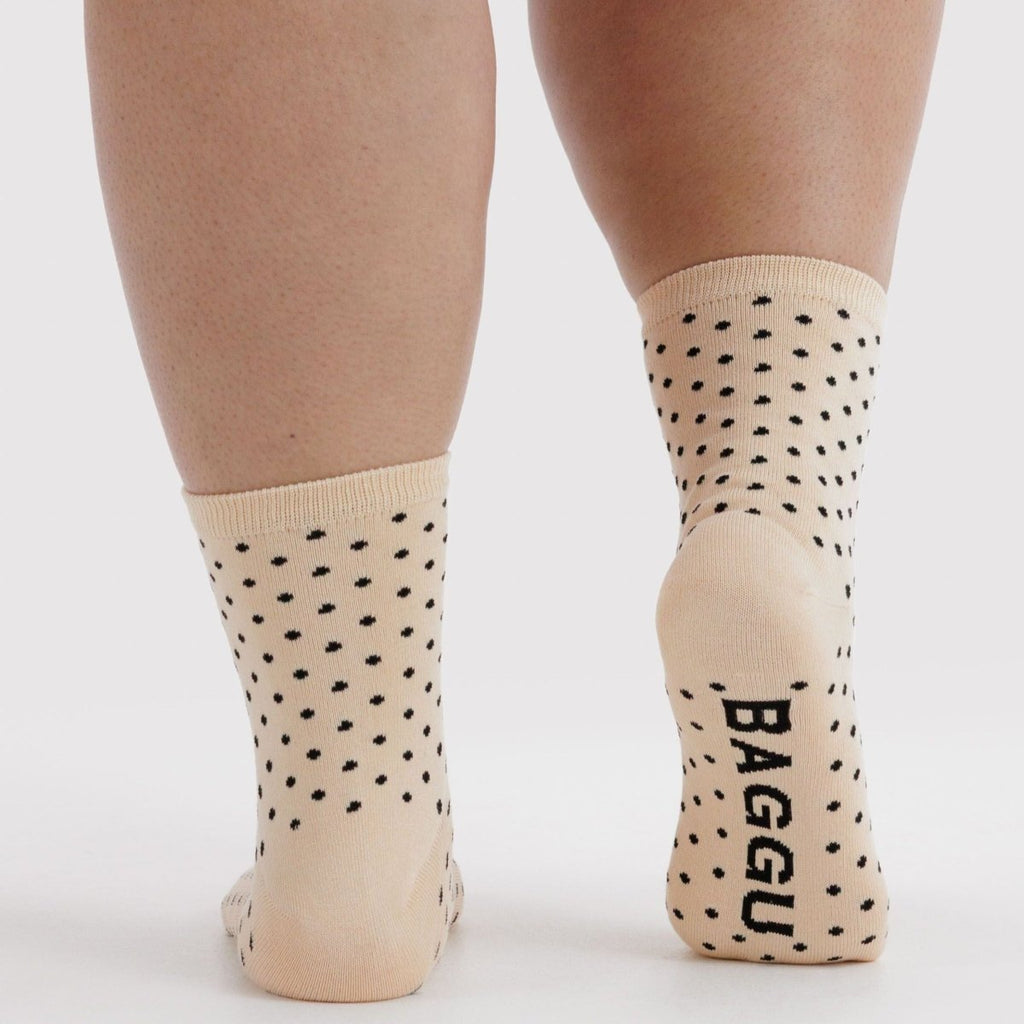 Baggu Crew Sock in Micro Cream and Black Polka Dot