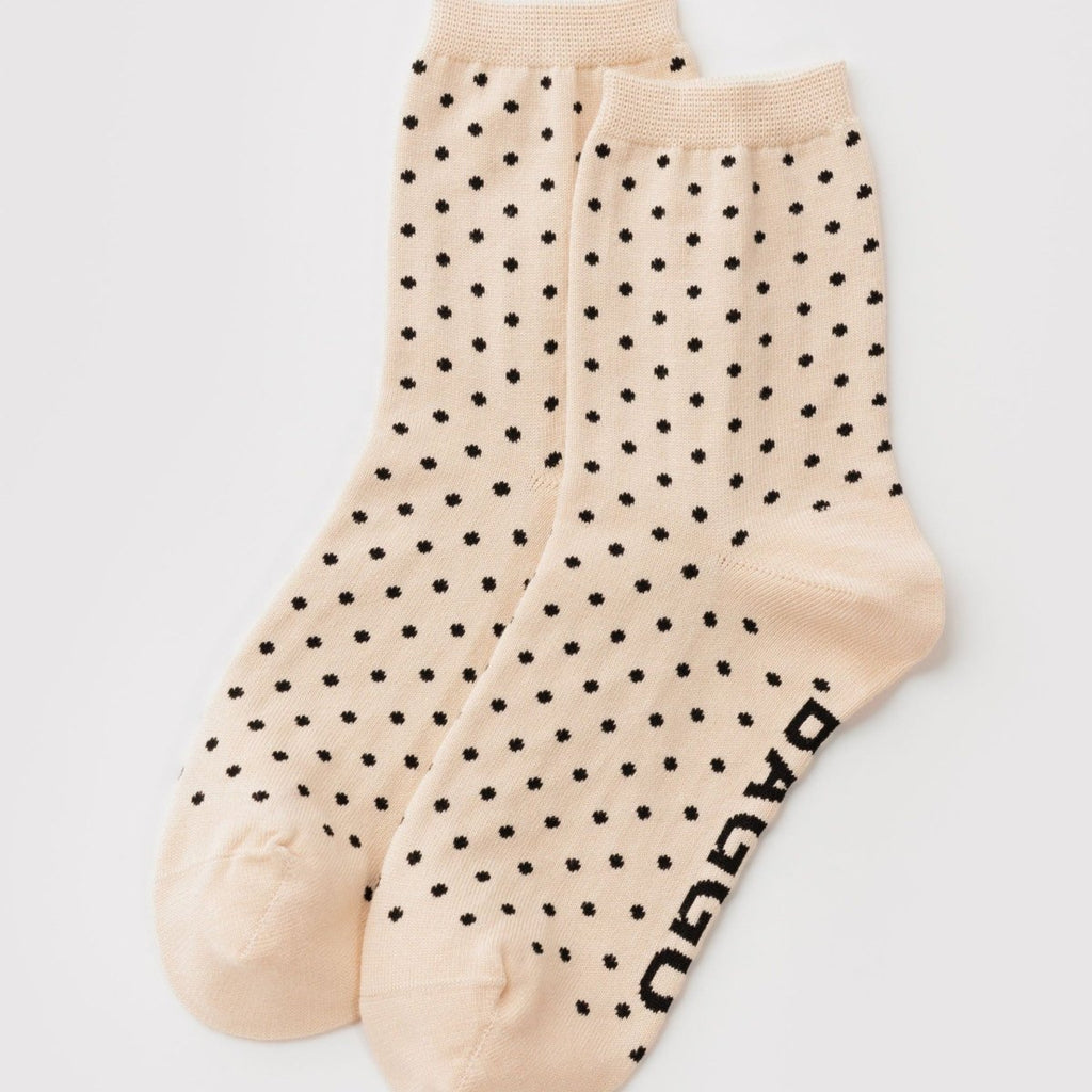 Baggu Crew Sock in Micro Cream and Black Polka Dot