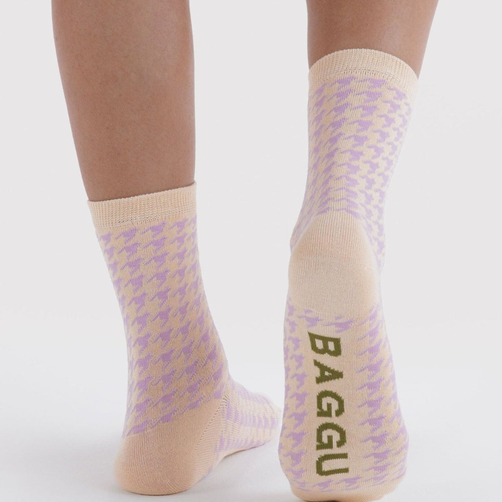 Baggu Crew Sock in Pink Houndstooth