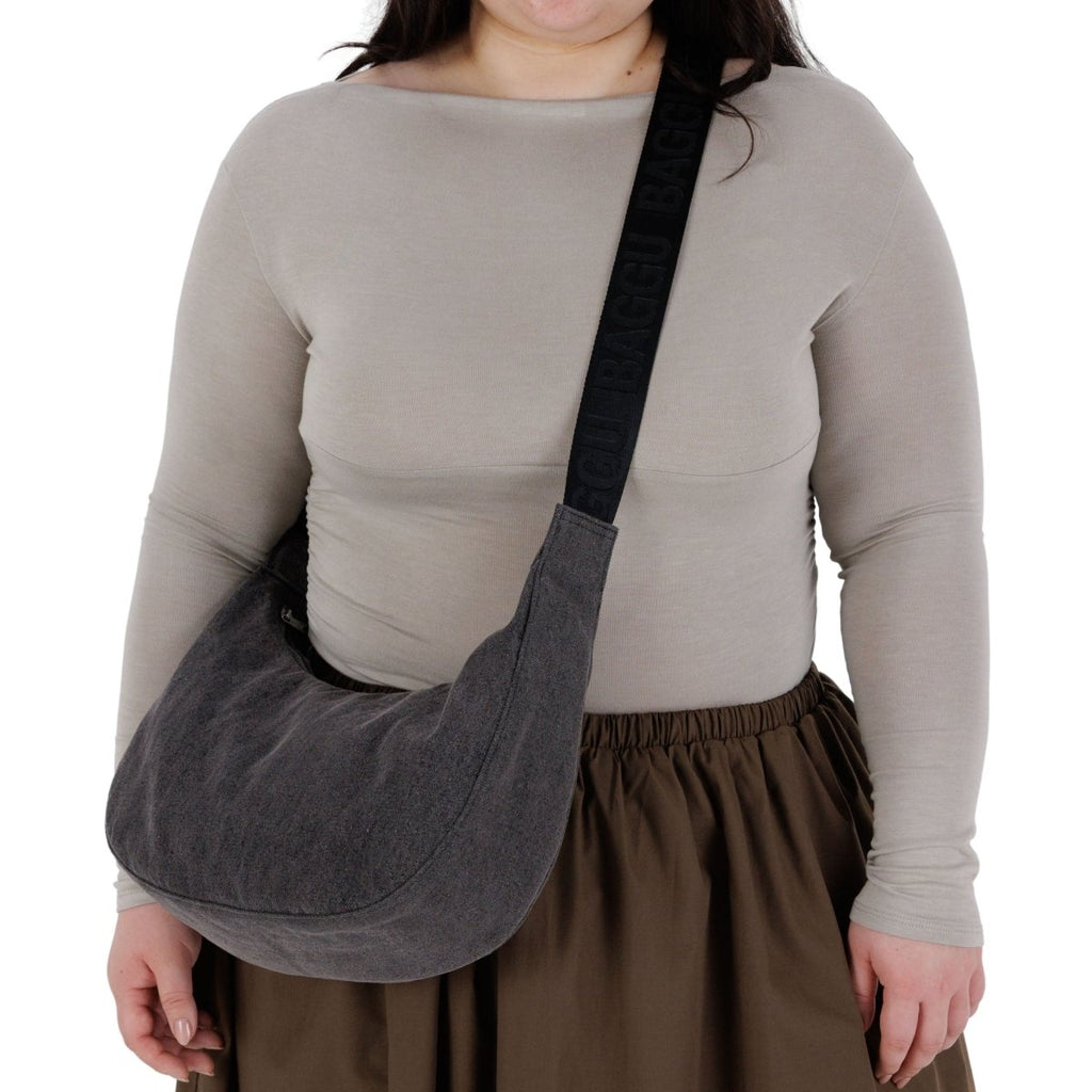 Baggu Medium Denim Crescent Bag in Black