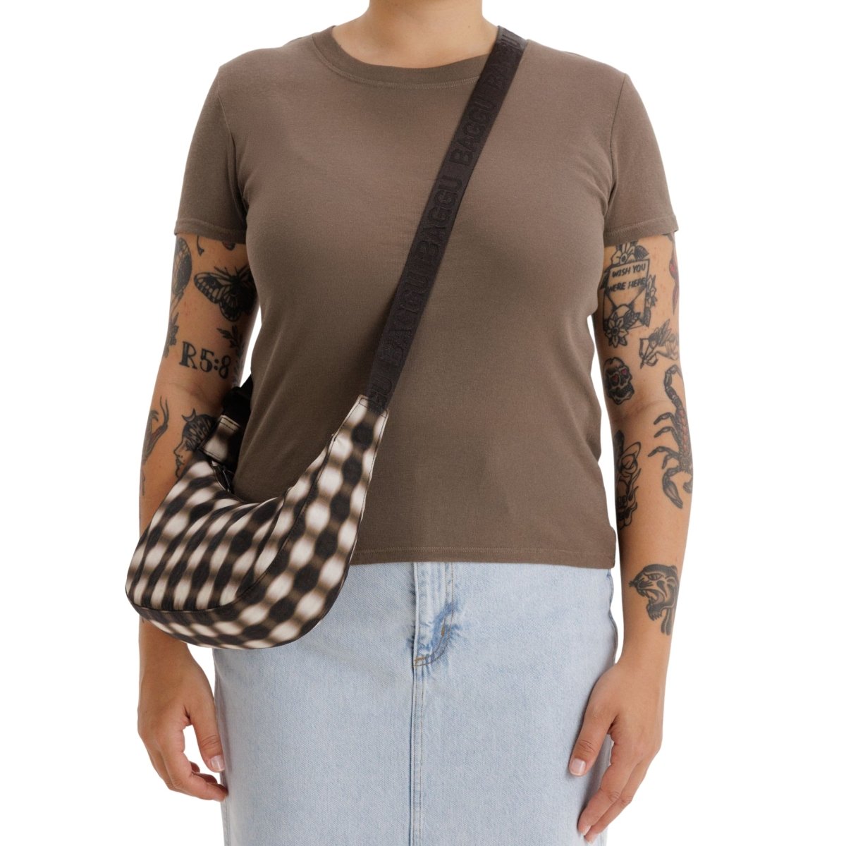 Baggu Small Nylon Crescent Bag in Blurred Gingham Brown