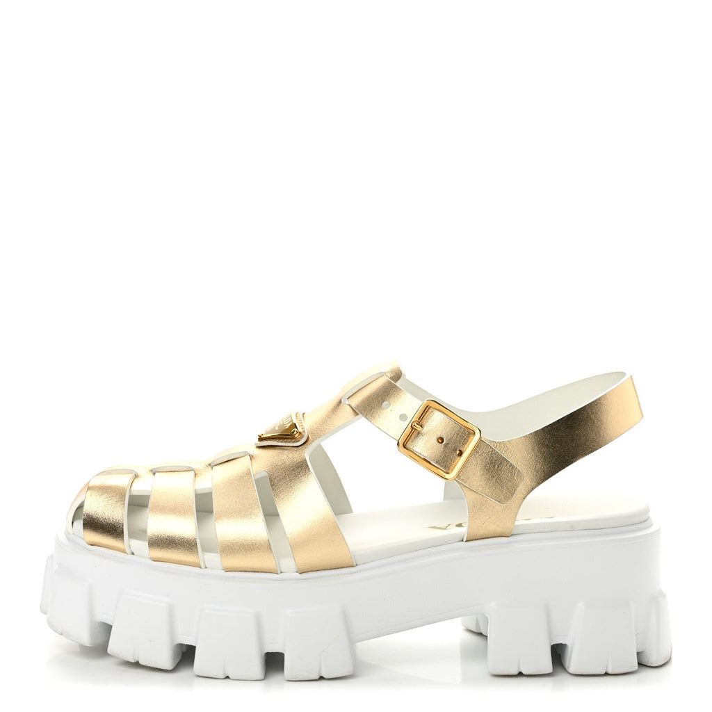 Metallic Vitello Metal Triangle Logo Monolith 55mm Cage Sandals 40 Platino