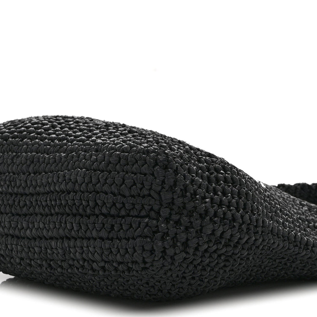 Yarn Raffia Effect Crochet Embroidered Small Logo Tote Black