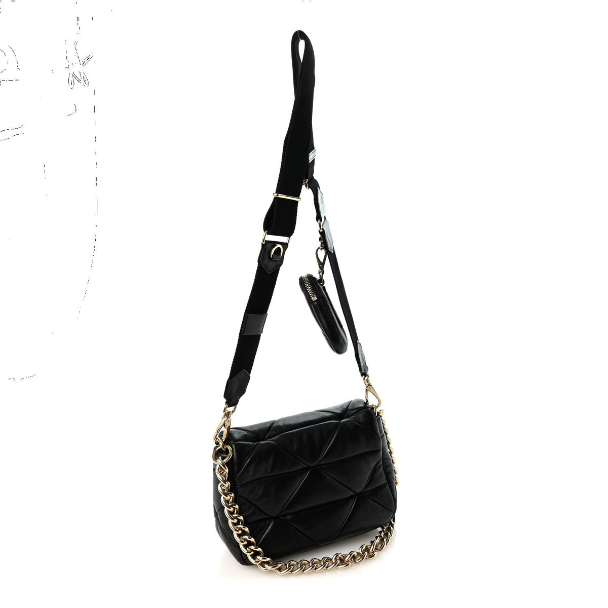 Nappa Re-Nylon Triangle Quilted Patchwork System Flap Shoulder Bag Black