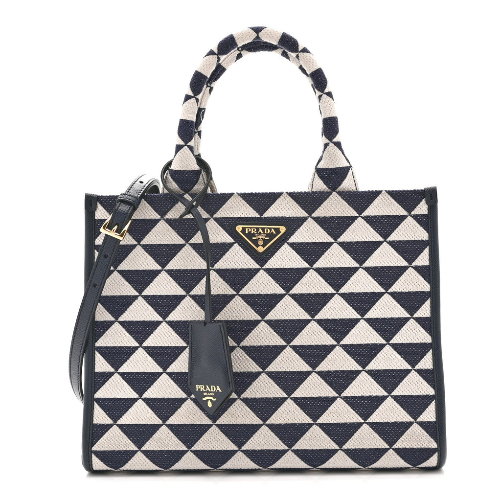 Jacquard Saffiano Triangolo Symbole Embroidered Small Tote Baltico Talco
