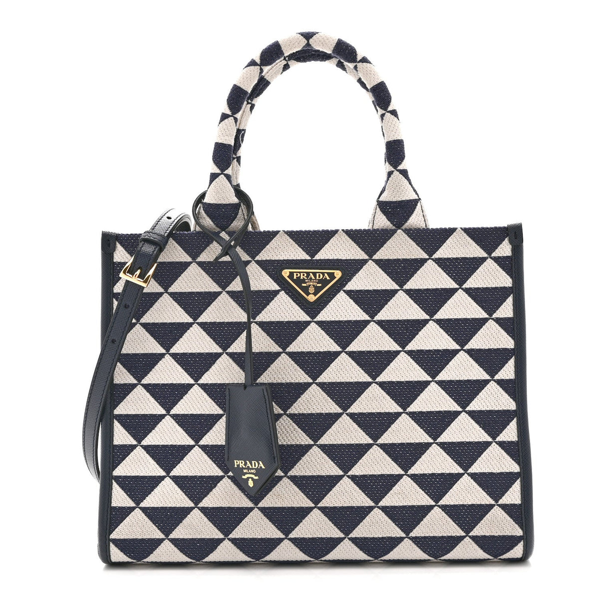 Jacquard Saffiano Triangolo Symbole Embroidered Small Tote Baltico Talco