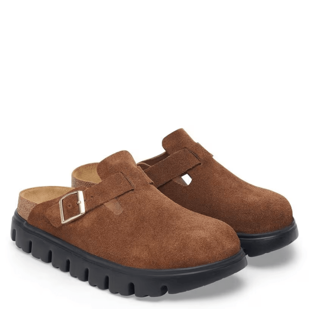 Birkenstock Women's Boston Chunky Suede Leather in Dark Tea/ Black