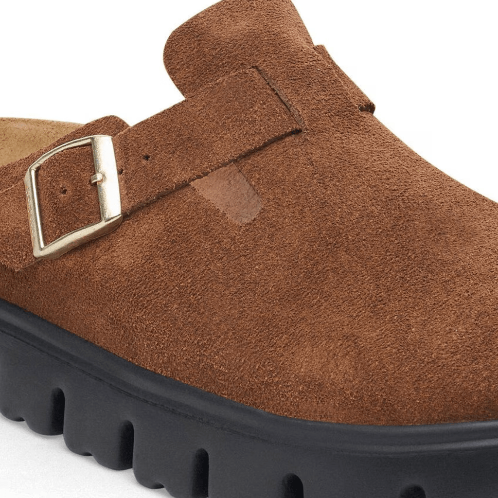 Birkenstock Women's Boston Chunky Suede Leather in Dark Tea/ Black
