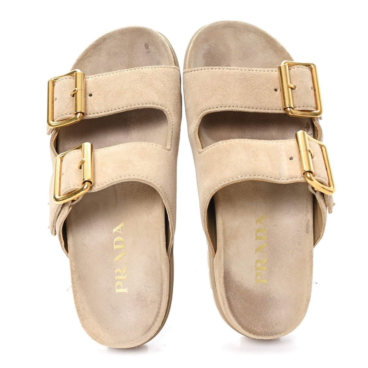 Suede Metal Triangle Logo Womens Double Buckle 20mm Slide Sandals 36 Ecru