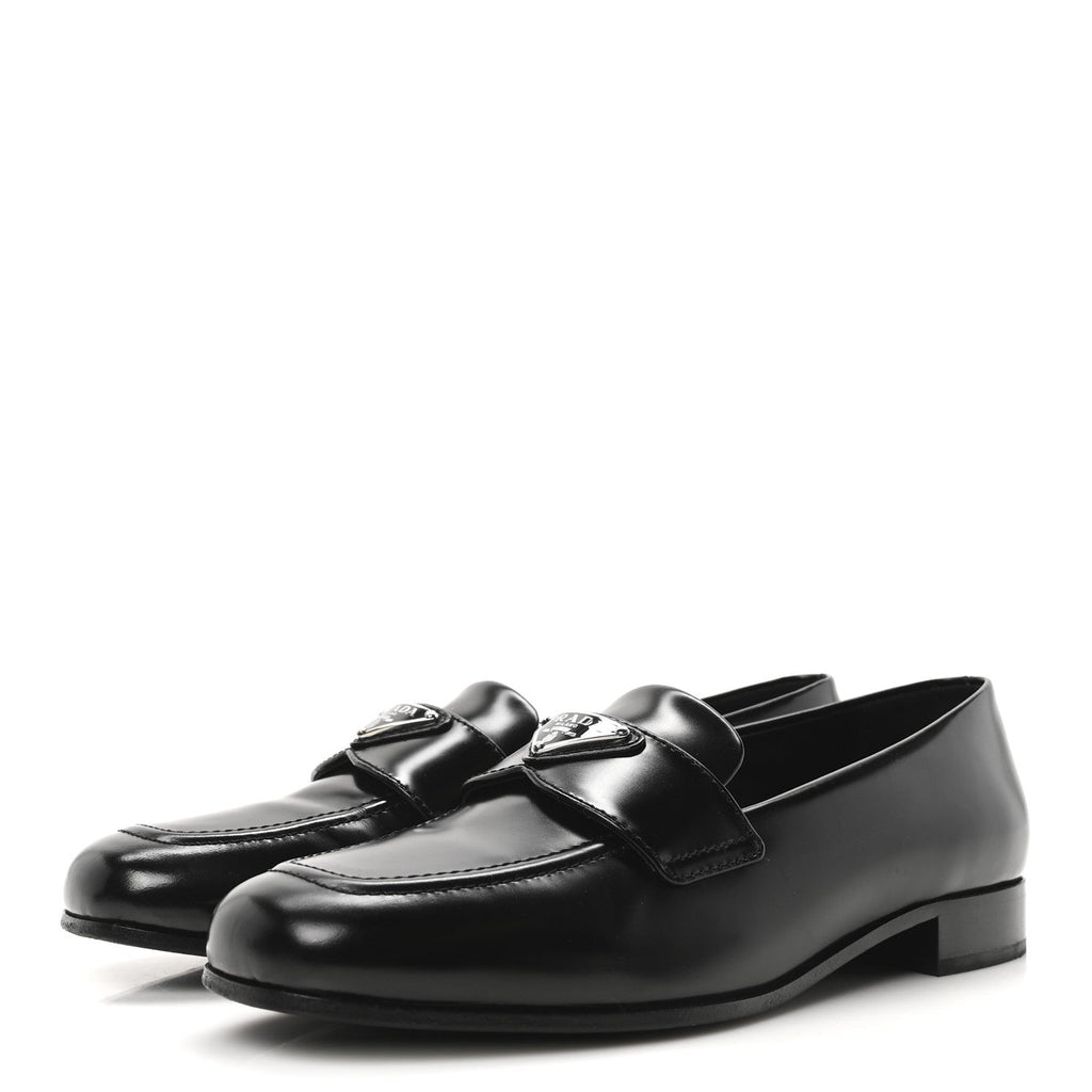 Brushed Calfskin Metal Triangle Logo 20mm Loafers 36.5 Black