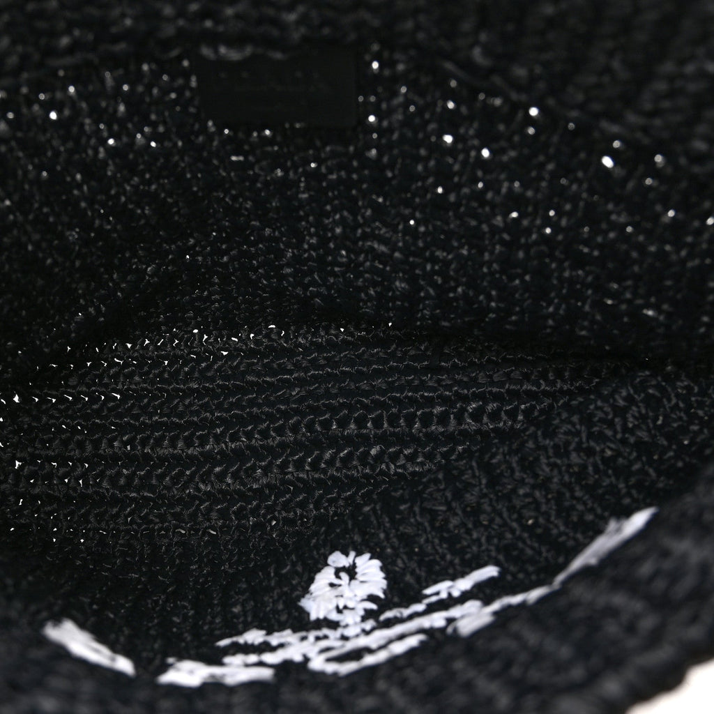 Yarn Raffia Effect Crochet Embroidered Small Logo Tote Black