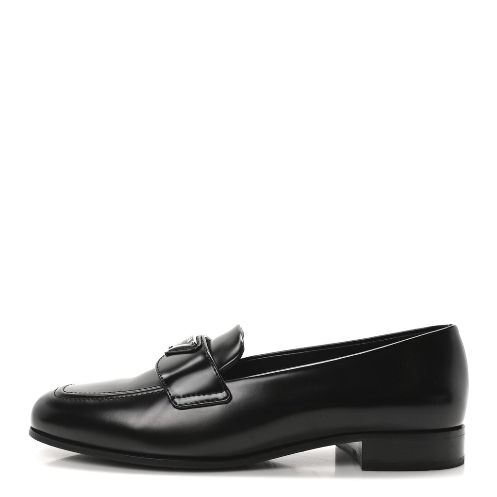 Brushed Calfskin Metal Triangle Logo 20mm Loafers 36.5 Black