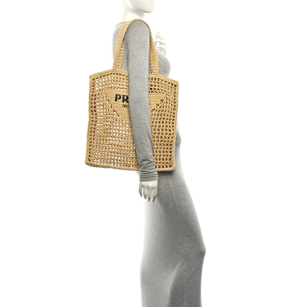Yarn Raffia Effect Crochet Logo Embroidered Tote Bag Naturale
