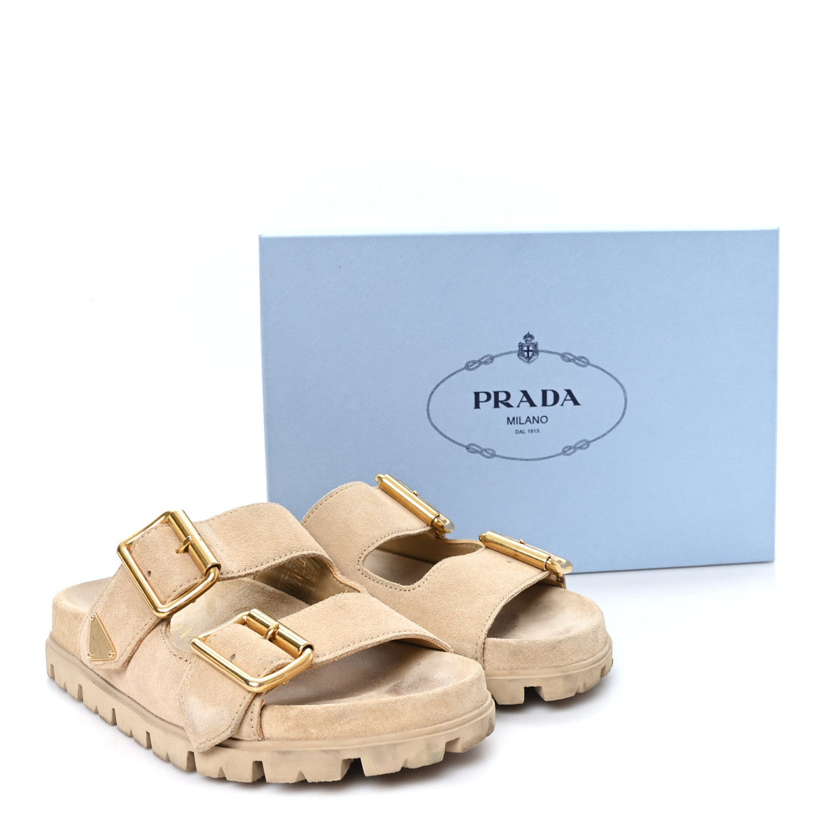 Suede Metal Triangle Logo Womens Double Buckle 20mm Slide Sandals 36 Ecru