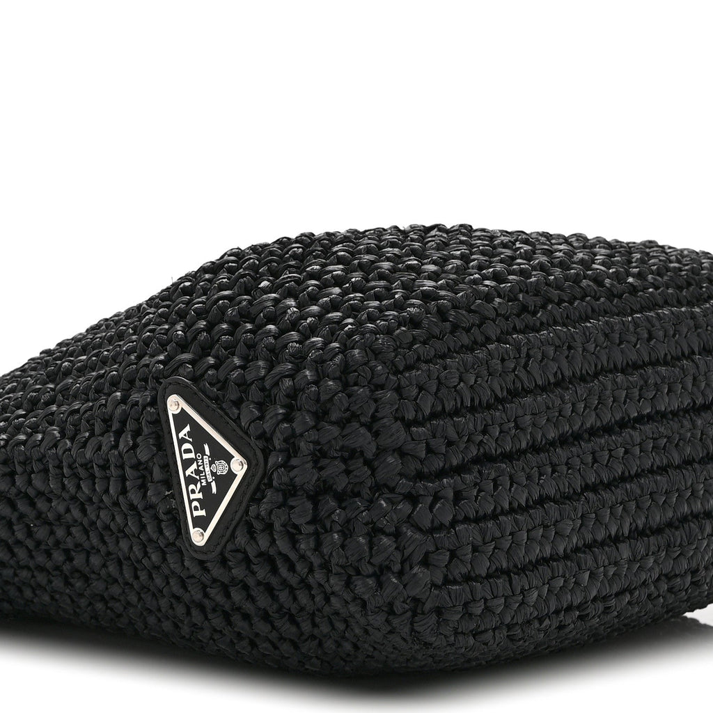 Yarn Raffia Effect Crochet Embroidered Small Logo Tote Black