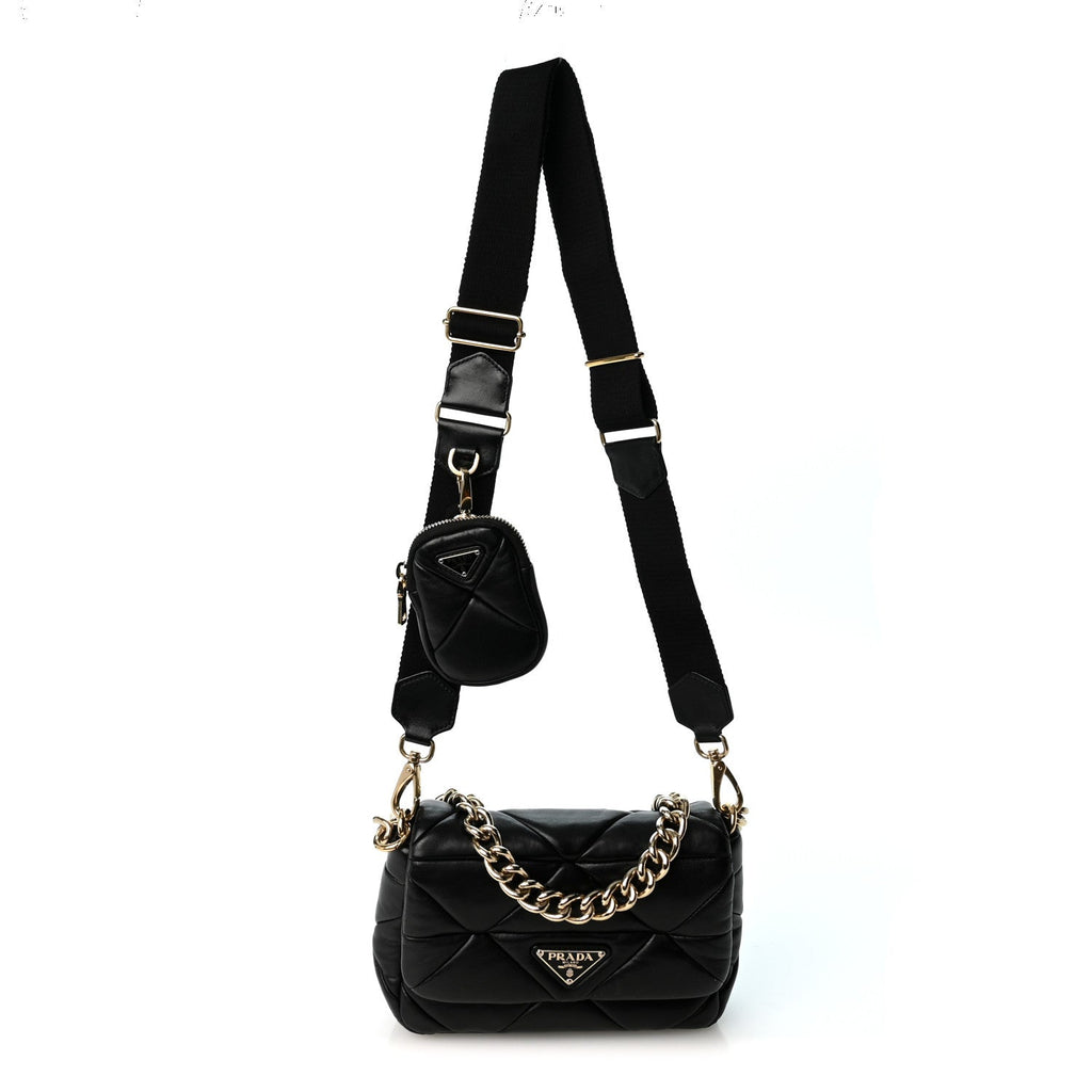 Nappa Re-Nylon Triangle Quilted Patchwork System Flap Shoulder Bag Black