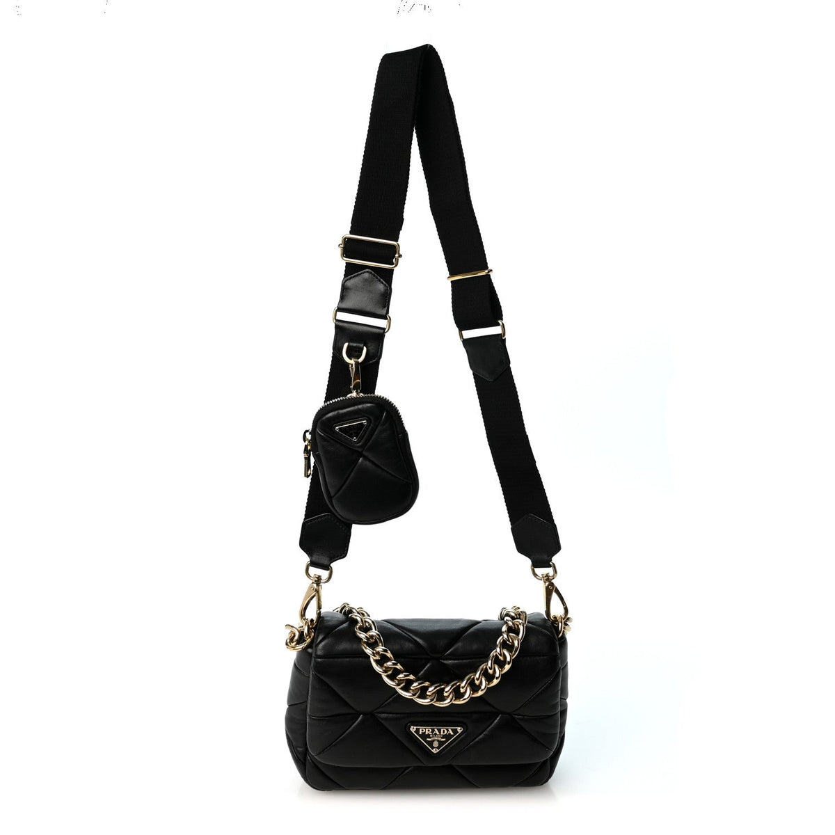 Nappa Re-Nylon Triangle Quilted Patchwork System Flap Shoulder Bag Black